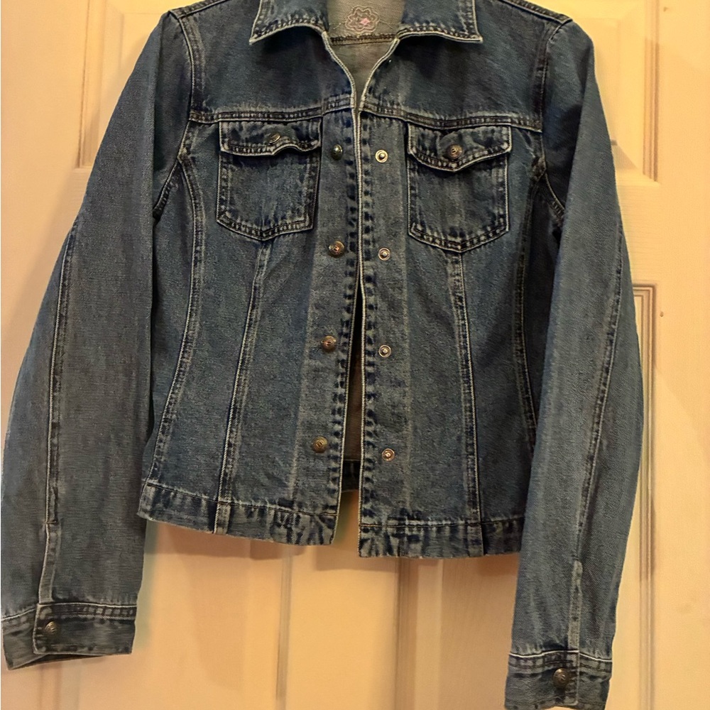Stylish BELONGINGS Blue Denim Flower Accent Jacket Size S Vintage 100% cotton